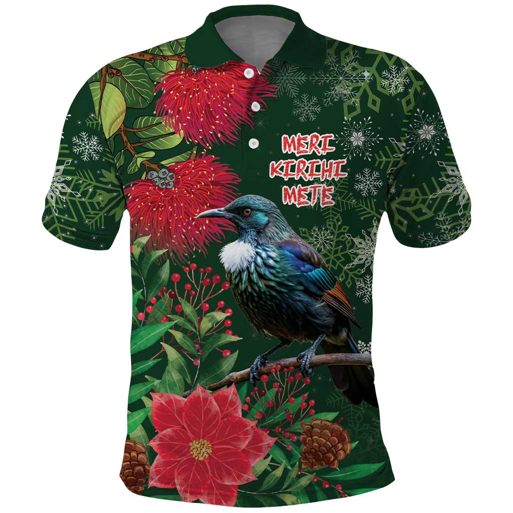 Tui Meri Kirihimete Personalised Polo Shirt Pohutukawa Flowers Green Motif LT9 Green - Polynesian Pride