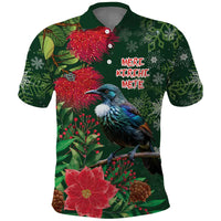 Tui Meri Kirihimete Personalised Polo Shirt Pohutukawa Flowers Green Motif LT9 Green - Polynesian Pride