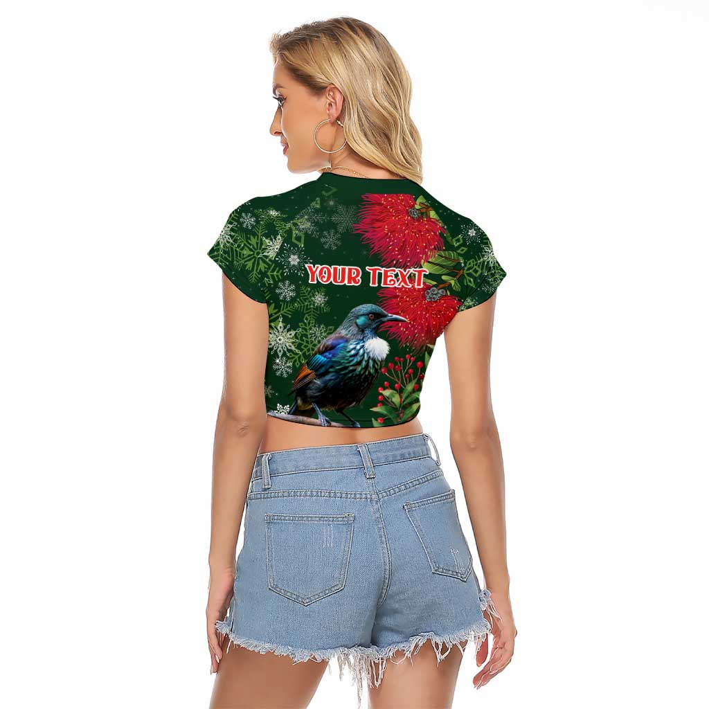Tui Meri Kirihimete Personalised Raglan Cropped T Shirt Pohutukawa Flowers Green Motif LT9 - Polynesian Pride
