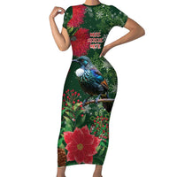 Tui Meri Kirihimete Personalised Short Sleeve Bodycon Dress Pohutukawa Flowers Green Motif LT9 Long Dress Green - Polynesian Pride