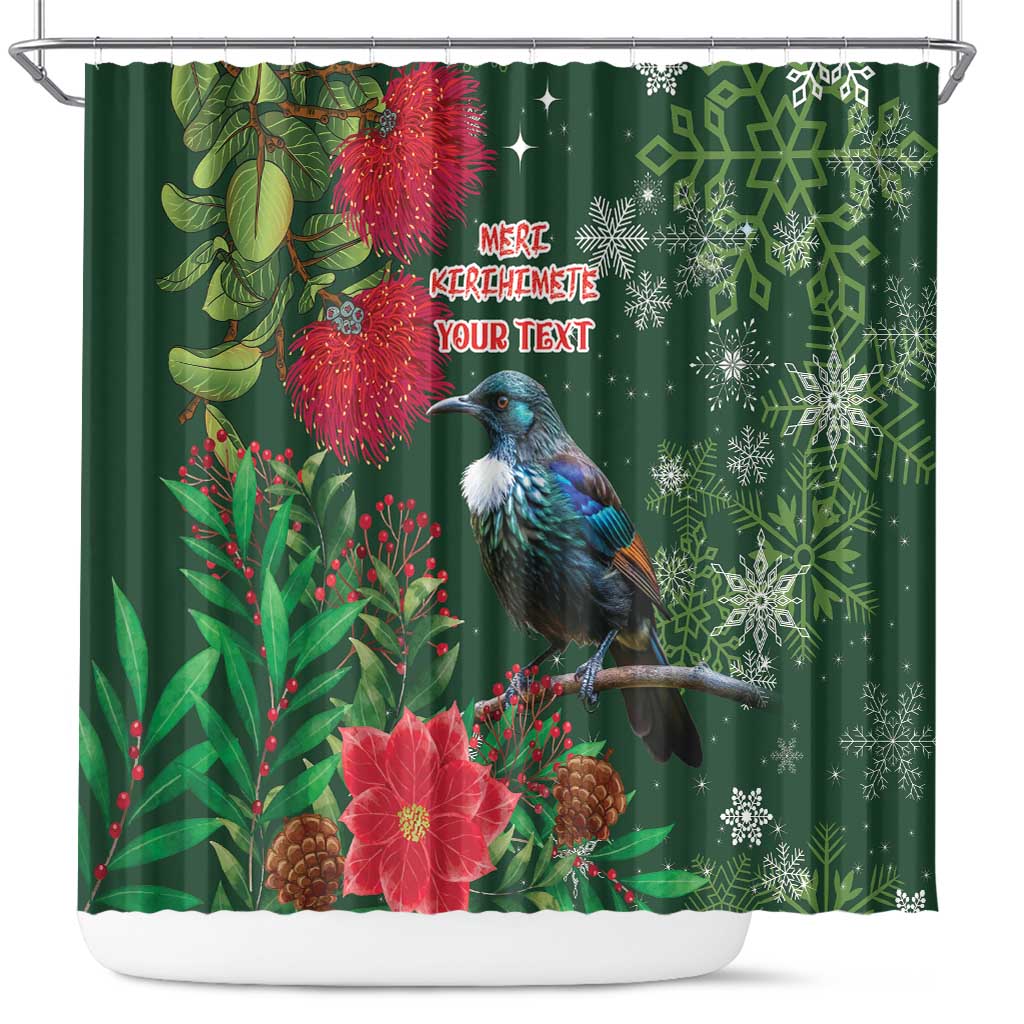 Tui Meri Kirihimete Personalised Shower Curtain Pohutukawa Flowers Green Motif LT9 Green - Polynesian Pride