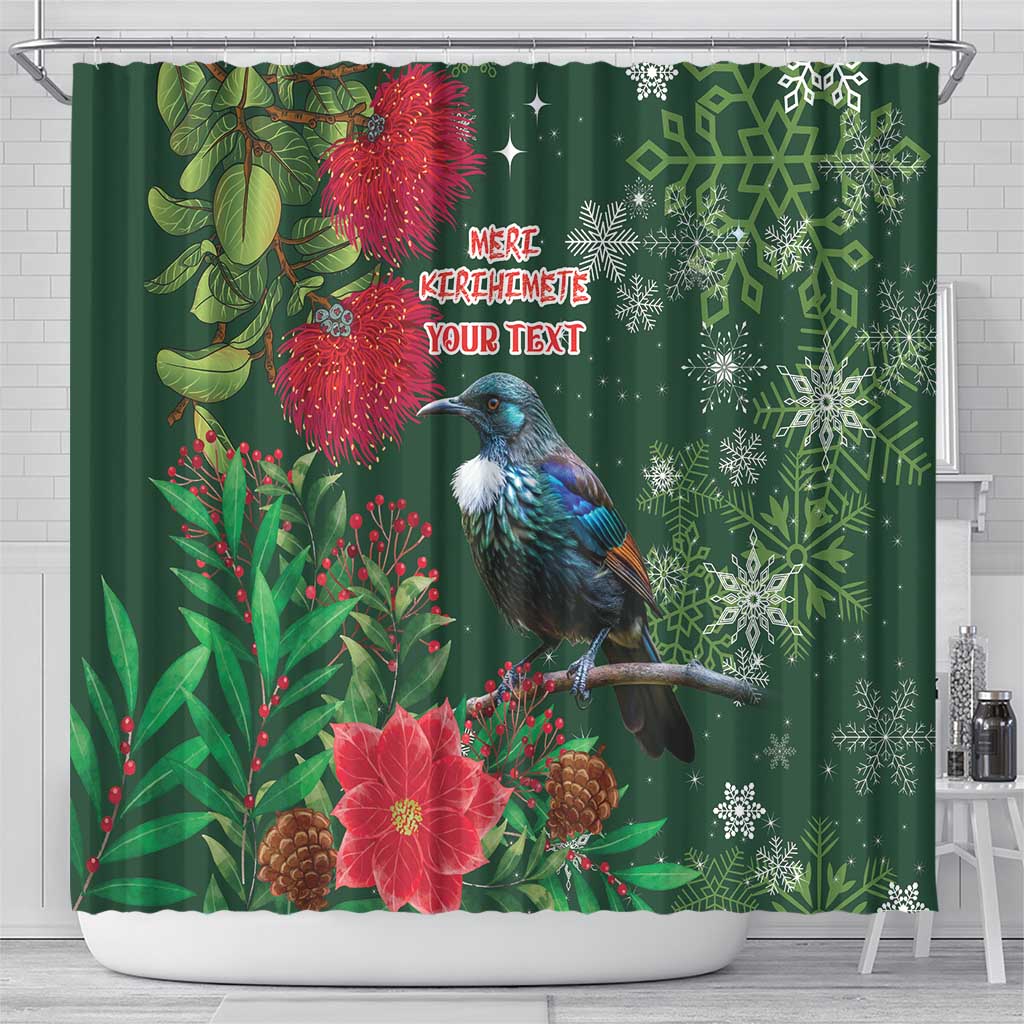 Tui Meri Kirihimete Personalised Shower Curtain Pohutukawa Flowers Green Motif LT9 - Polynesian Pride