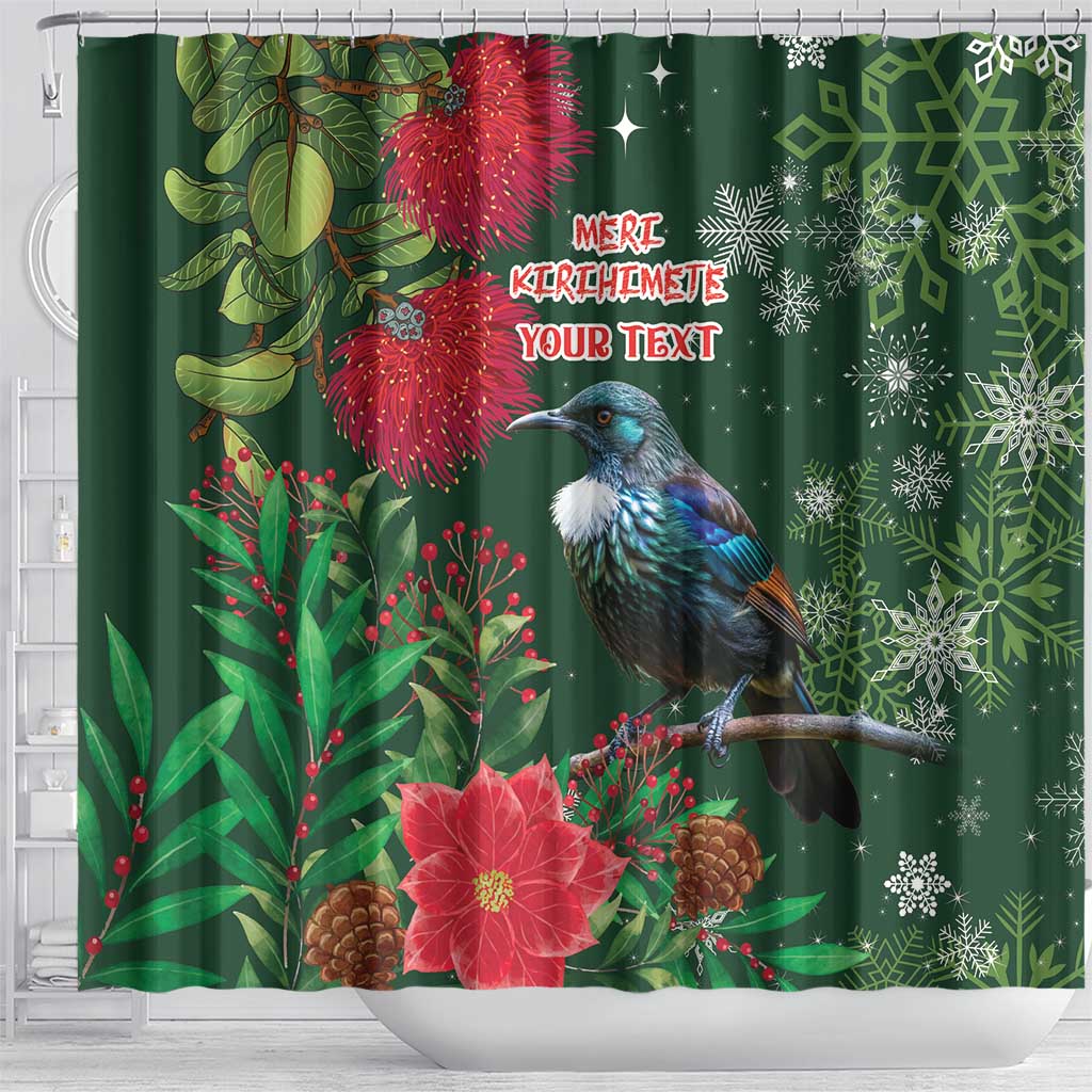 Tui Meri Kirihimete Personalised Shower Curtain Pohutukawa Flowers Green Motif LT9 - Polynesian Pride