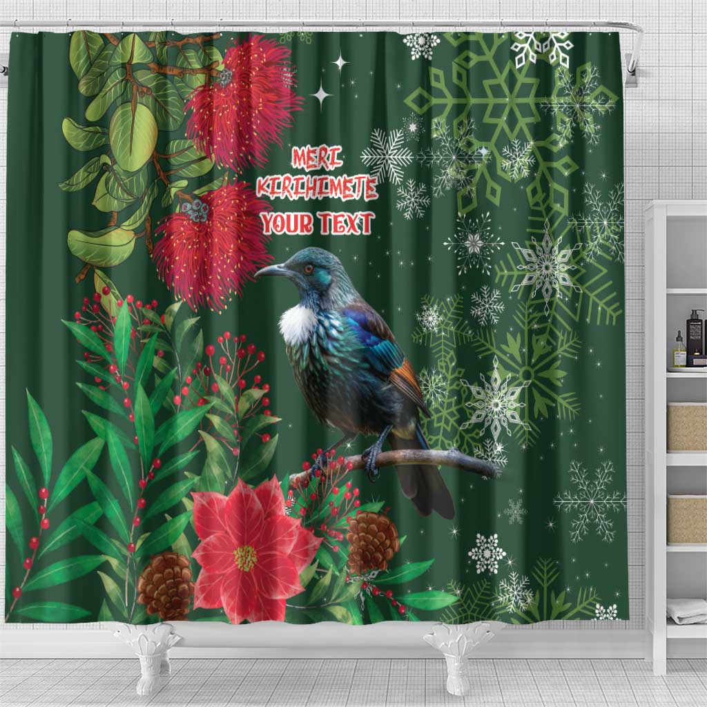 Tui Meri Kirihimete Personalised Shower Curtain Pohutukawa Flowers Green Motif LT9 - Polynesian Pride