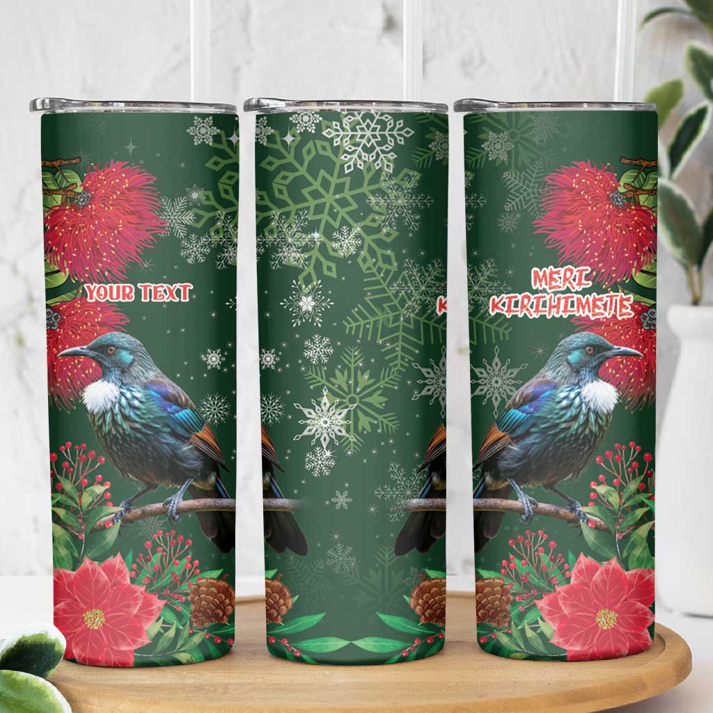 Tui Meri Kirihimete Personalised Skinny Tumbler Pohutukawa Flowers Green Motif LT9 - Polynesian Pride