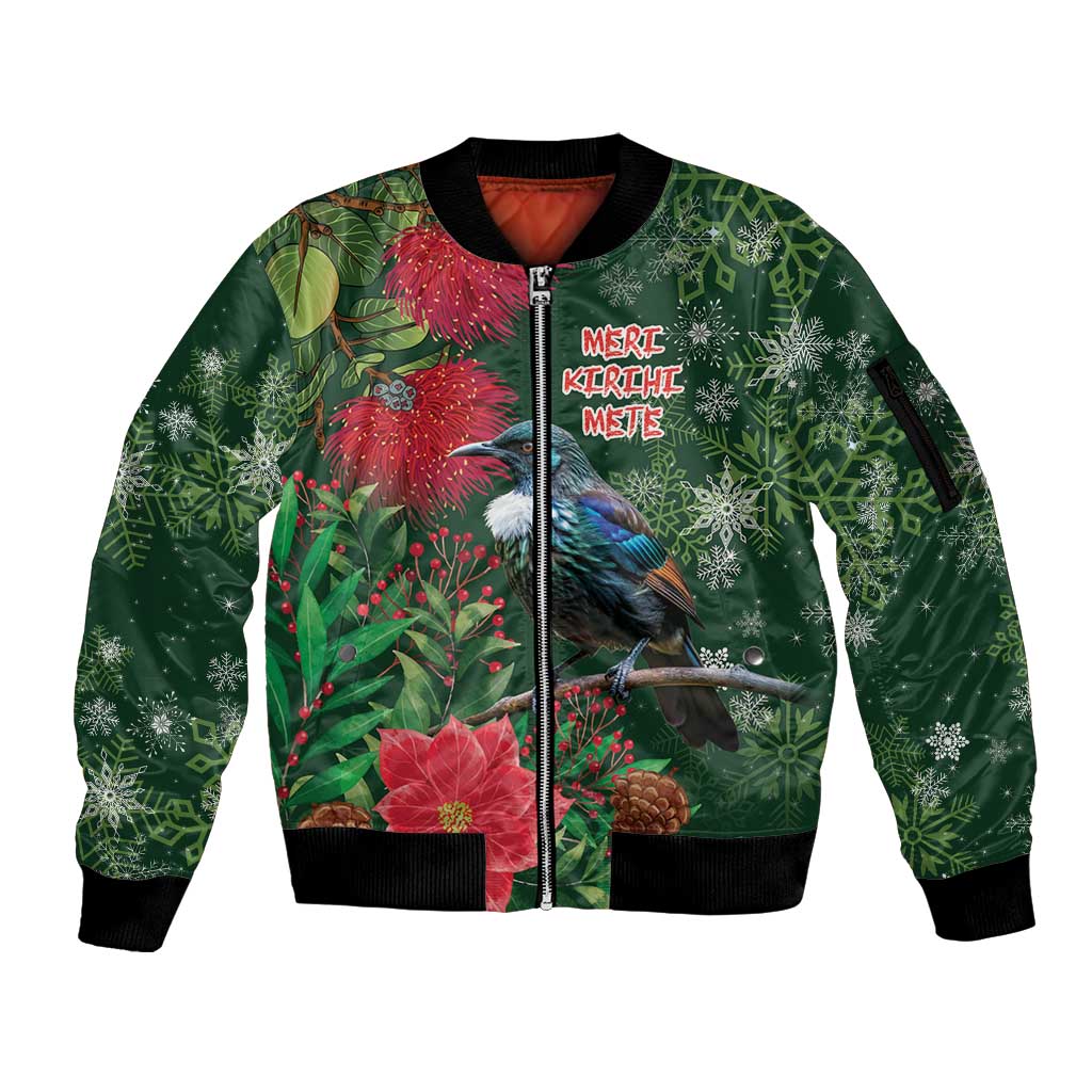 Tui Meri Kirihimete Personalised Sleeve Zip Bomber Jacket Pohutukawa Flowers Green Motif LT9 Unisex Green - Polynesian Pride