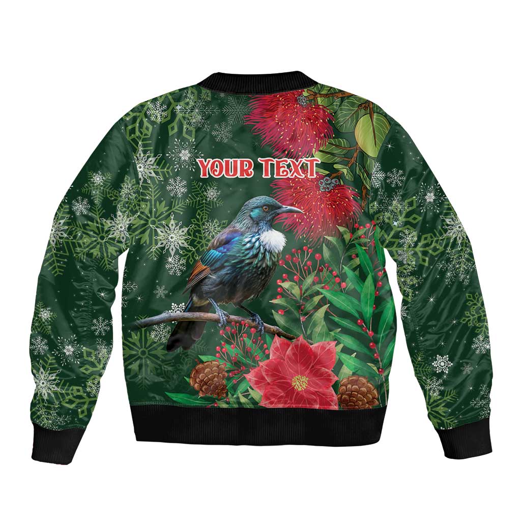 Tui Meri Kirihimete Personalised Sleeve Zip Bomber Jacket Pohutukawa Flowers Green Motif - Polynesian Pride