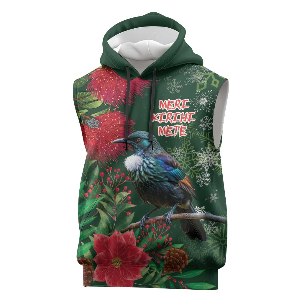 Tui Meri Kirihimete Personalised Sleeveless Hoodie Pohutukawa Flowers Green Motif LT9 Green - Polynesian Pride