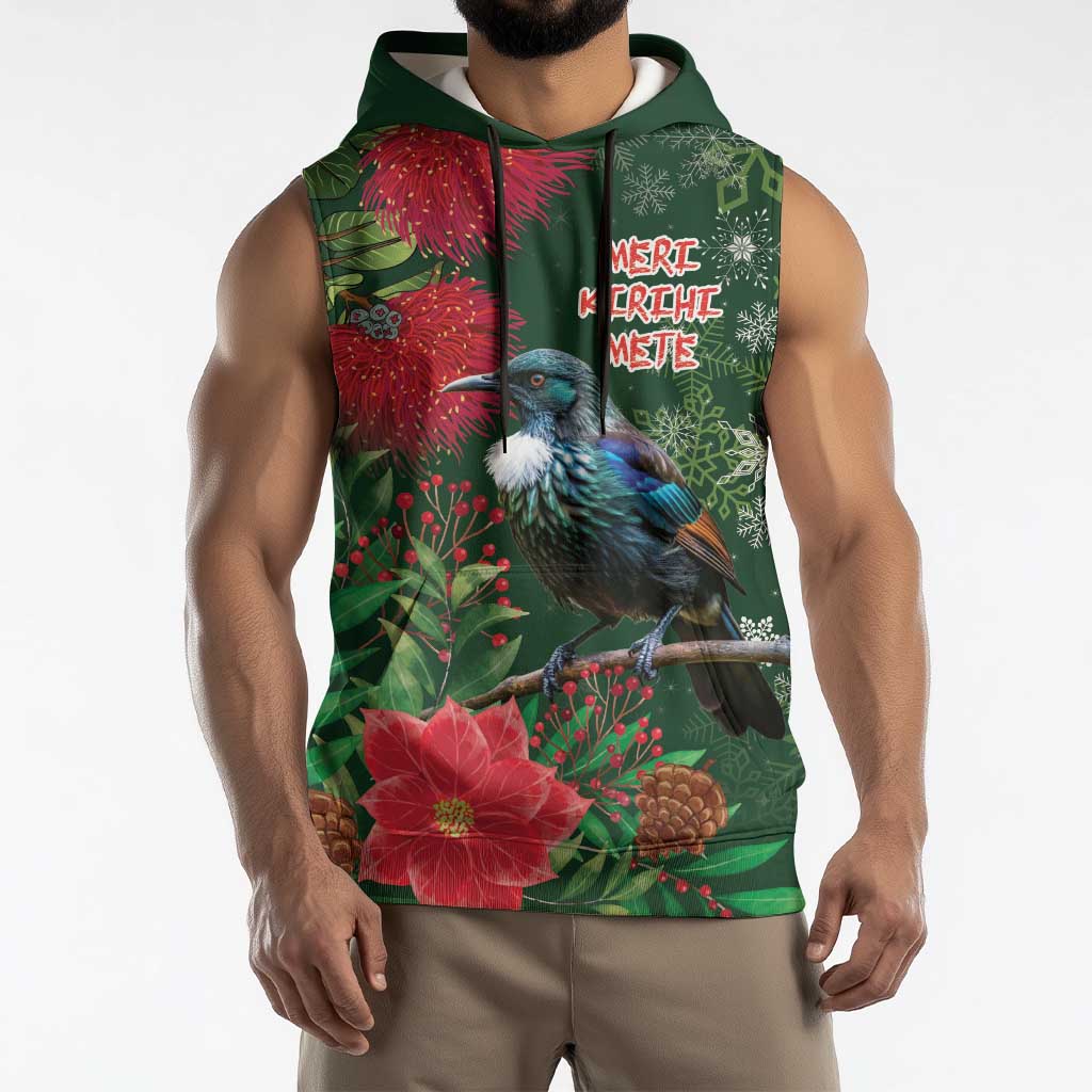 Tui Meri Kirihimete Personalised Sleeveless Hoodie Pohutukawa Flowers Green Motif LT9 - Polynesian Pride