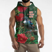 Tui Meri Kirihimete Personalised Sleeveless Hoodie Pohutukawa Flowers Green Motif LT9 - Polynesian Pride