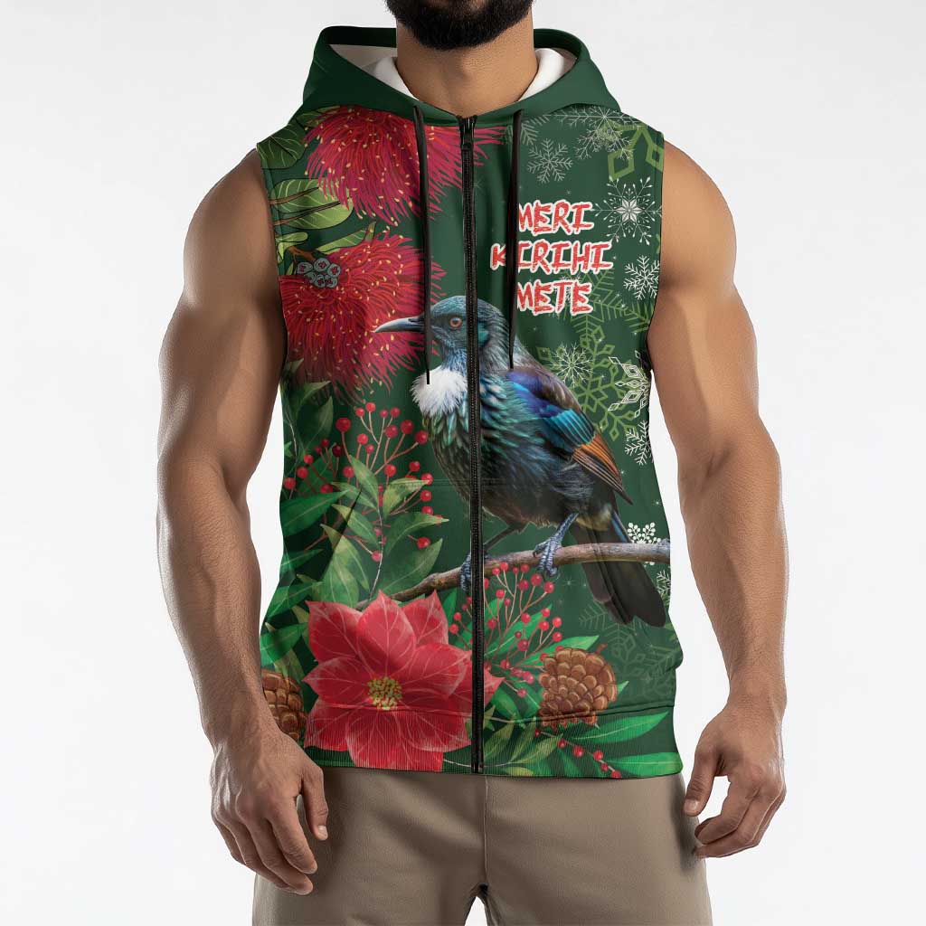 Tui Meri Kirihimete Personalised Sleeveless Zip Hoodie Pohutukawa Flowers Green Motif LT9 - Polynesian Pride