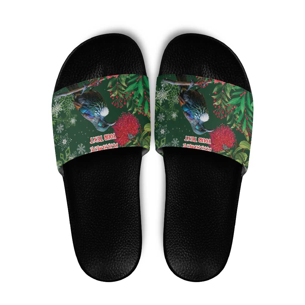 Tui Meri Kirihimete Personalised Slide Sandals Pohutukawa Flowers Green Motif LT9 Green - Polynesian Pride