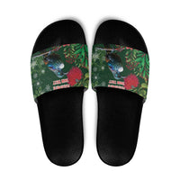 Tui Meri Kirihimete Personalised Slide Sandals Pohutukawa Flowers Green Motif LT9 Green - Polynesian Pride