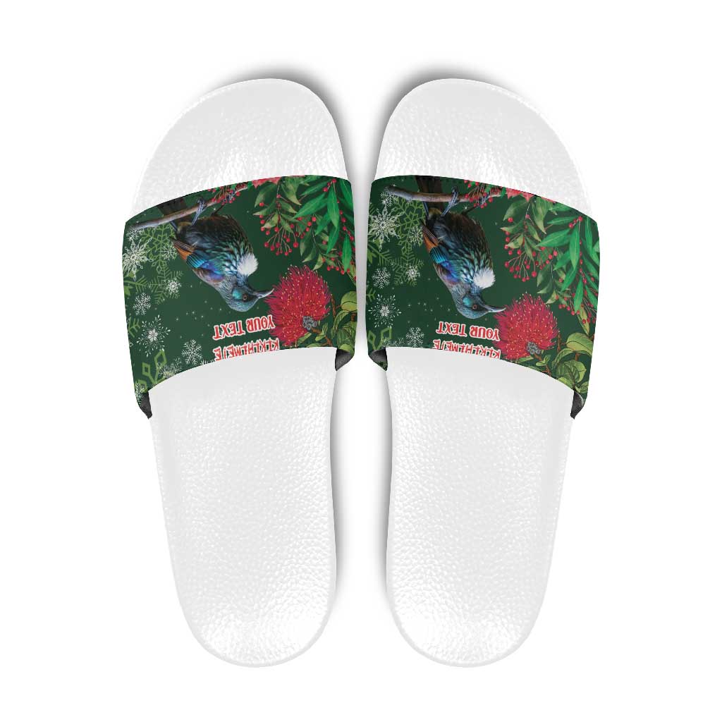 Tui Meri Kirihimete Personalised Slide Sandals Pohutukawa Flowers Green Motif LT9 Green - Polynesian Pride