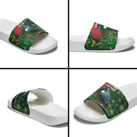 Tui Meri Kirihimete Personalised Slide Sandals Pohutukawa Flowers Green Motif LT9 - Polynesian Pride