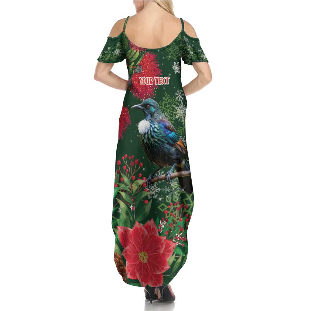 Tui Meri Kirihimete Personalised Summer Maxi Dress Pohutukawa Flowers Green Motif LT9 - Polynesian Pride
