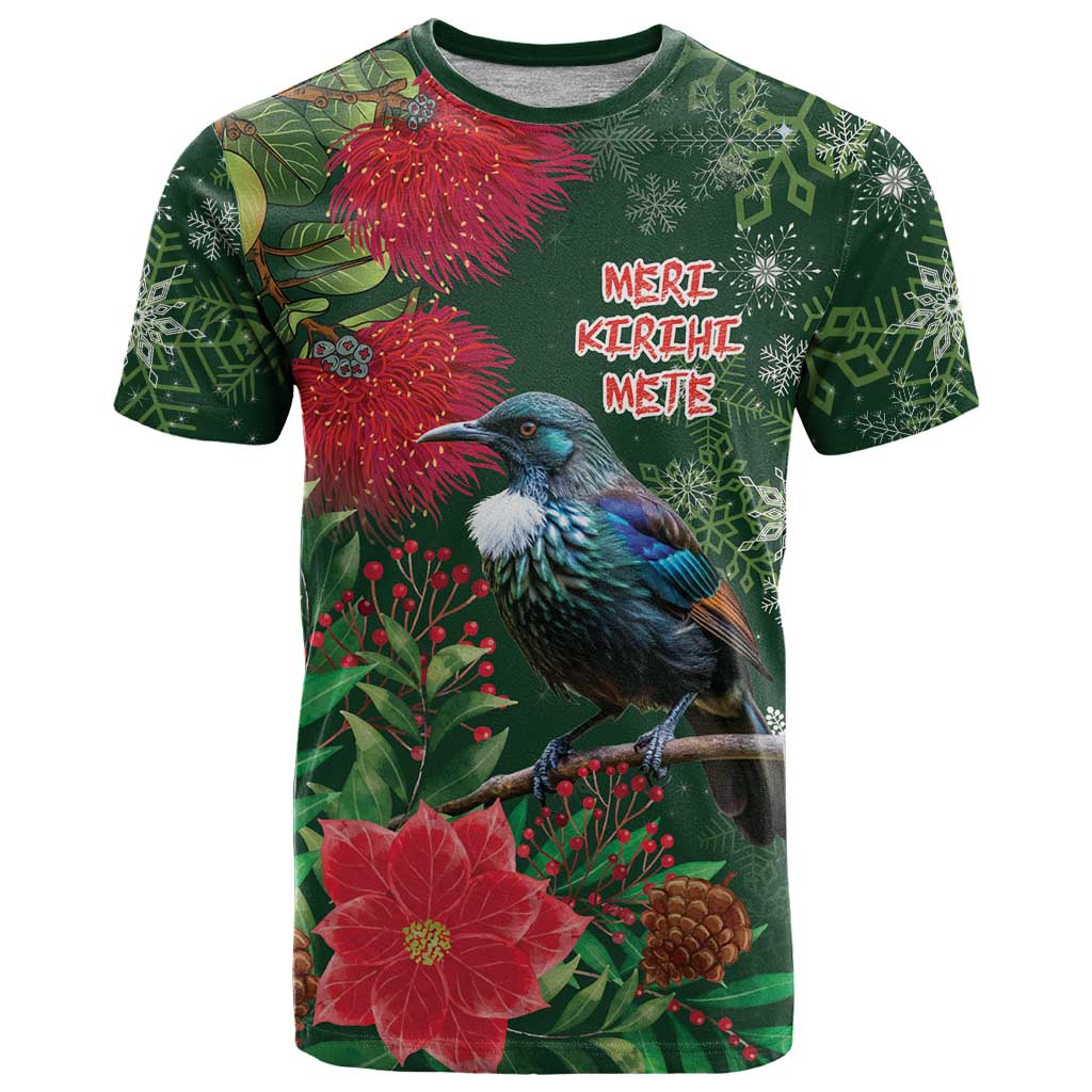 Tui Meri Kirihimete Personalised T Shirt Pohutukawa Flowers Green Motif LT9 Green - Polynesian Pride