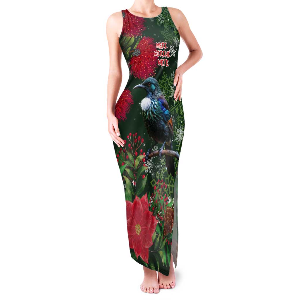 Tui Meri Kirihimete Personalised Tank Maxi Dress Pohutukawa Flowers Green Motif LT9 Women Green - Polynesian Pride