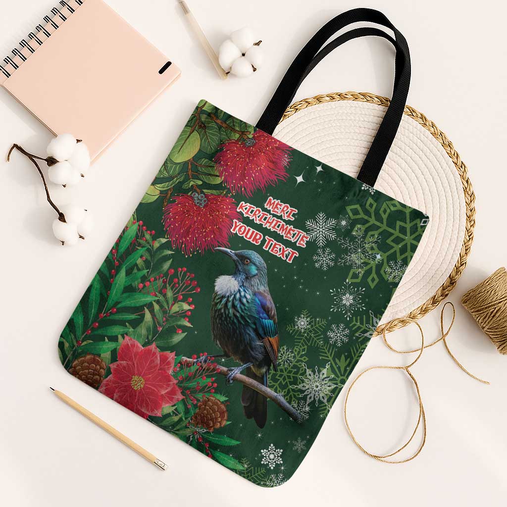 Tui Meri Kirihimete Personalised Tote Bag Pohutukawa Flowers Green Motif LT9 Black Strap One Size Green - Polynesian Pride