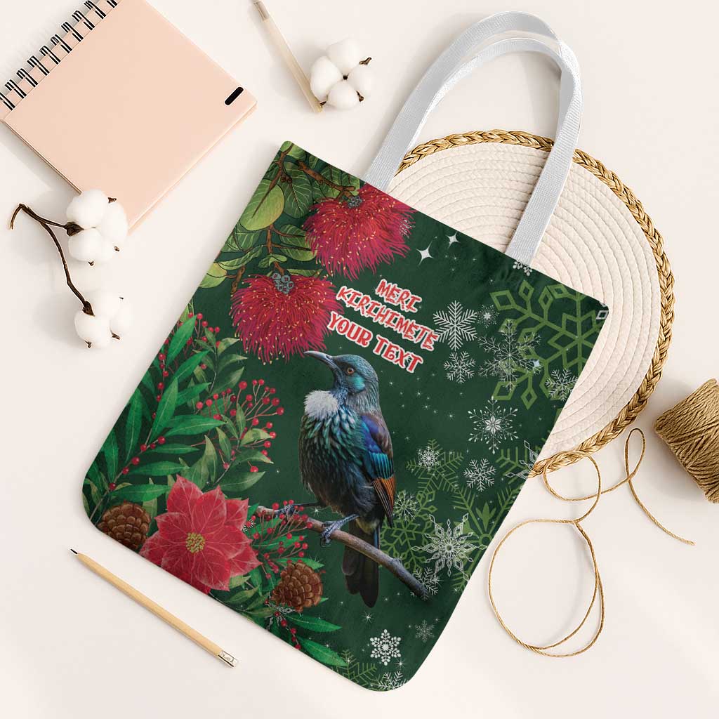 Tui Meri Kirihimete Personalised Tote Bag Pohutukawa Flowers Green Motif LT9 White Strap One Size Green - Polynesian Pride