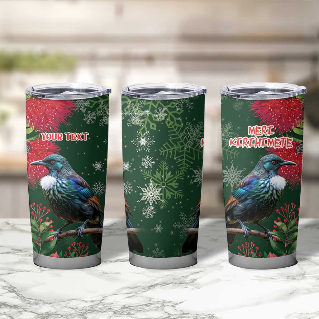 Tui Meri Kirihimete Personalised Tumbler Cup Pohutukawa Flowers Green Motif LT9 - Polynesian Pride