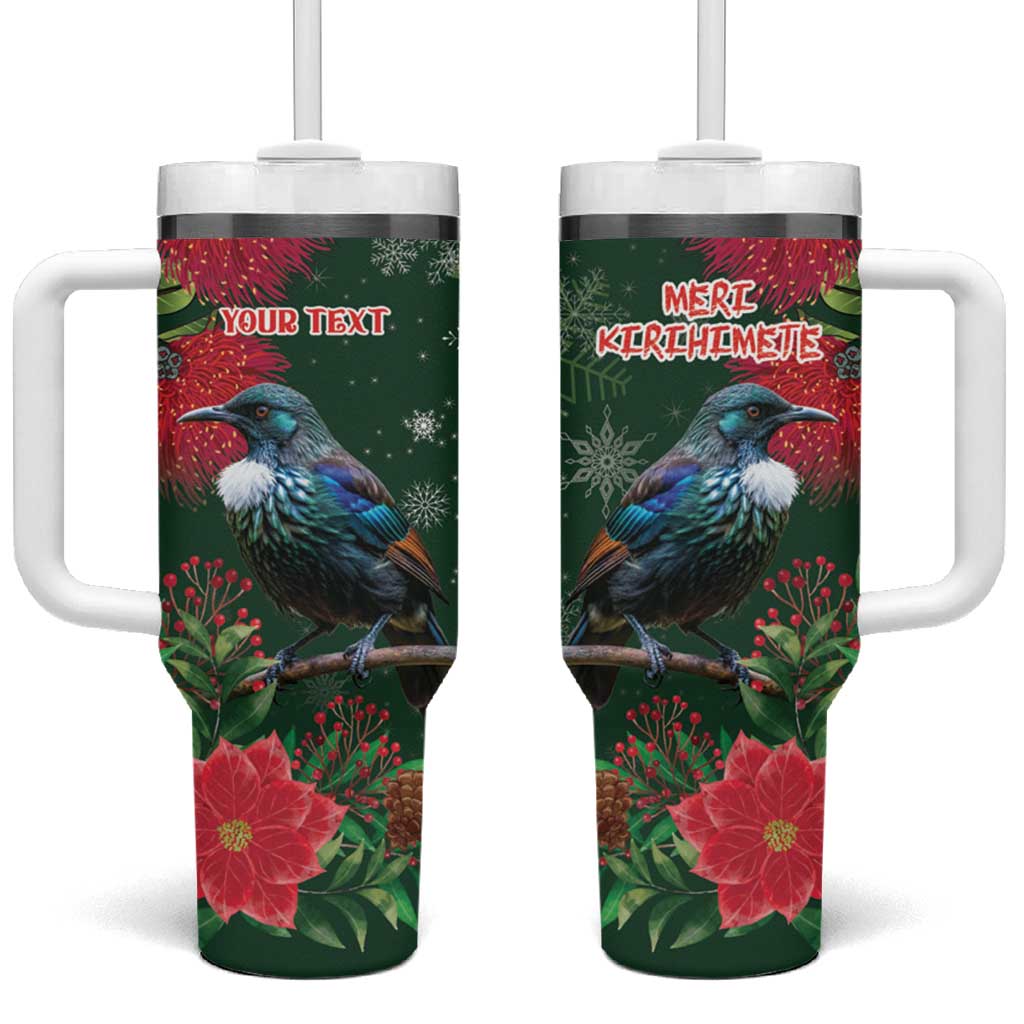 Tui Meri Kirihimete Personalised Tumbler With Handle Pohutukawa Flowers Green Motif LT9 One Size: 40 oz Green - Polynesian Pride