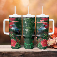 Tui Meri Kirihimete Personalised Tumbler With Handle Pohutukawa Flowers Green Motif LT9 - Polynesian Pride
