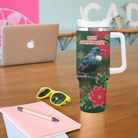 Tui Meri Kirihimete Personalised Tumbler With Handle Pohutukawa Flowers Green Motif LT9 - Polynesian Pride