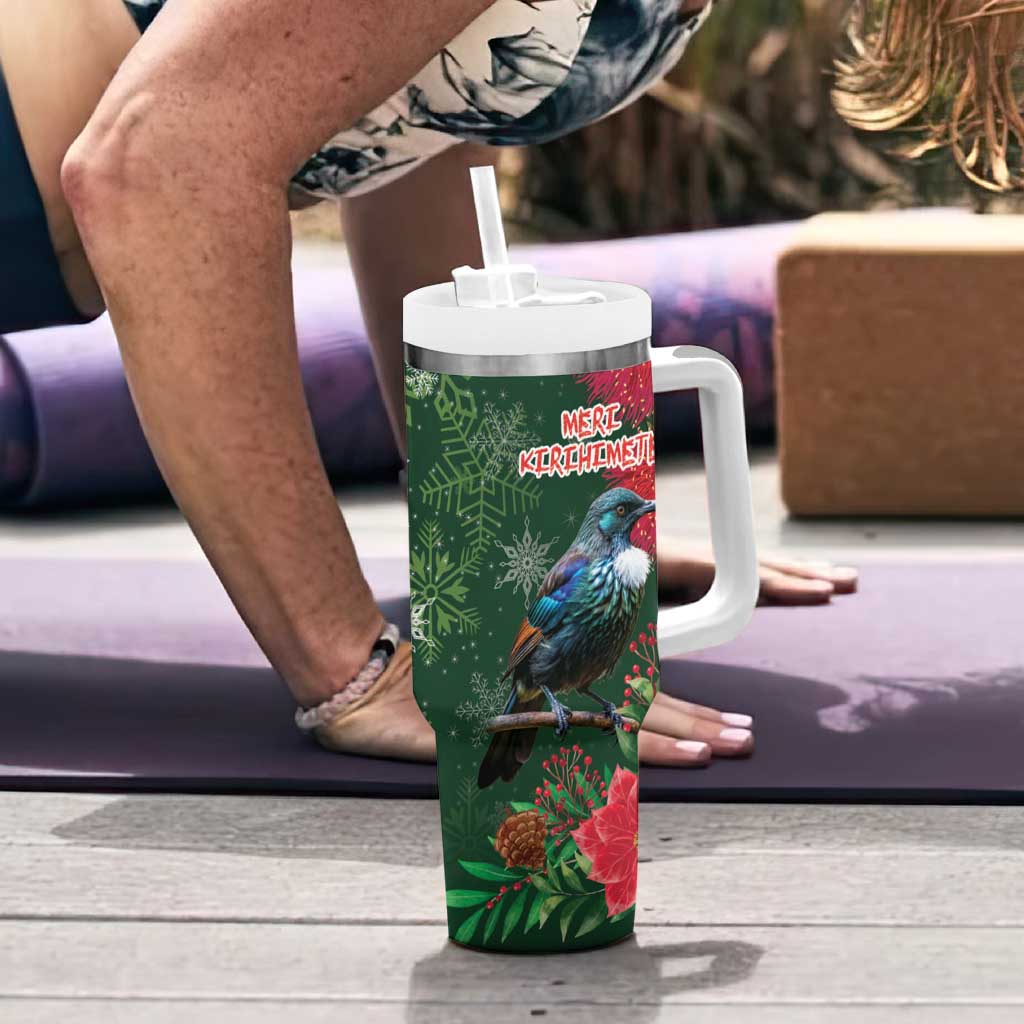Tui Meri Kirihimete Personalised Tumbler With Handle Pohutukawa Flowers Green Motif LT9 - Polynesian Pride