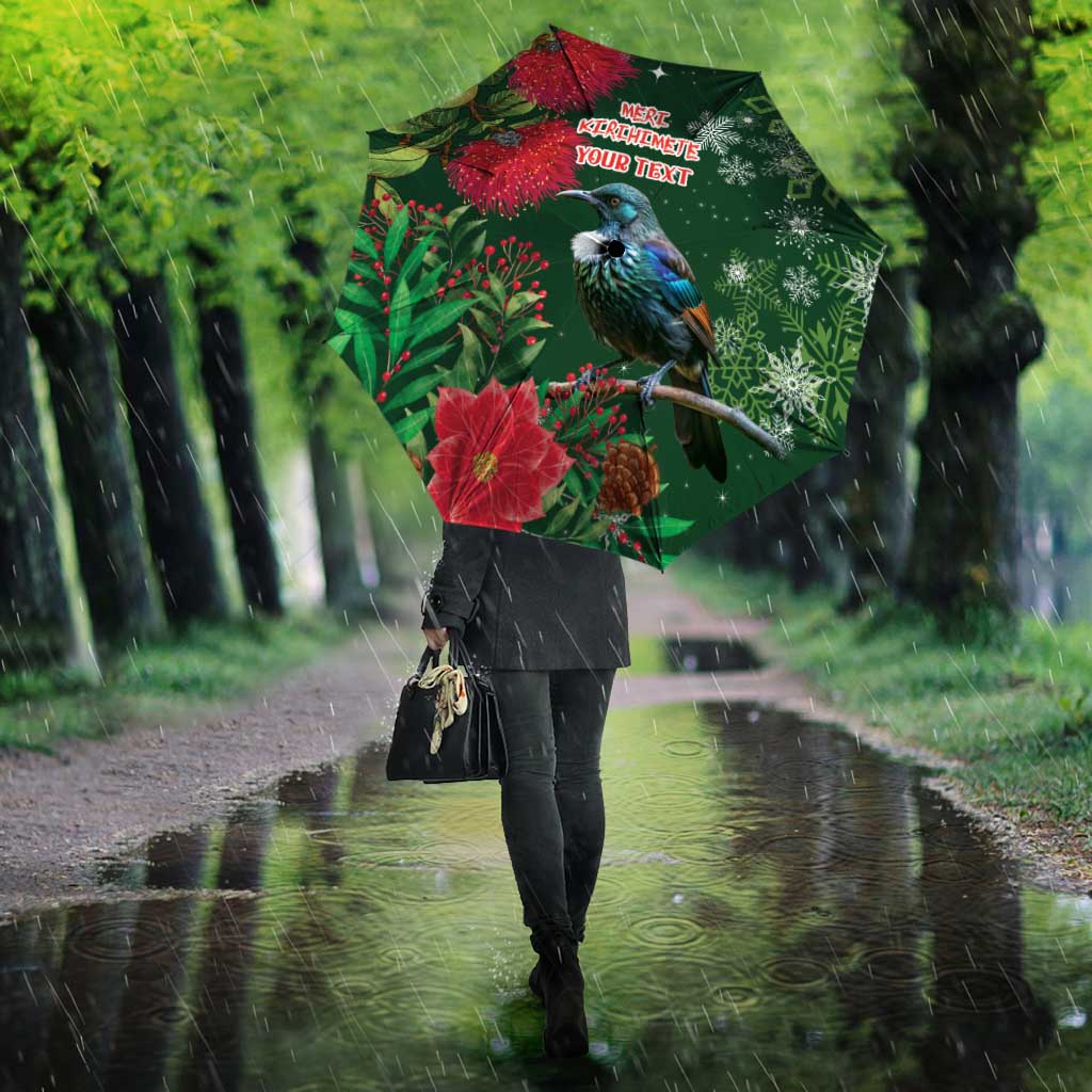Tui Meri Kirihimete Personalised Umbrella Pohutukawa Flowers Green Motif - Polynesian Pride
