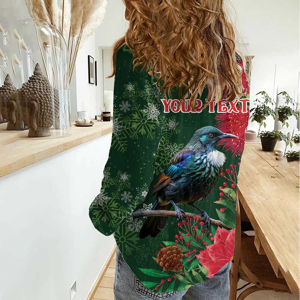 Tui Meri Kirihimete Personalised Women Casual Shirt Pohutukawa Flowers Green Motif - Polynesian Pride