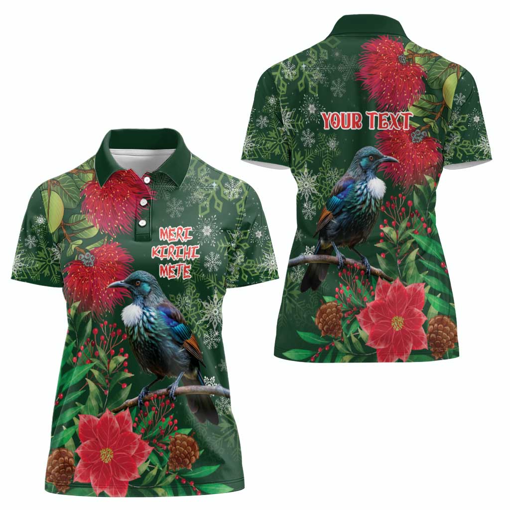 Tui Meri Kirihimete Personalised Women Polo Shirt Pohutukawa Flowers Green Motif - Polynesian Pride