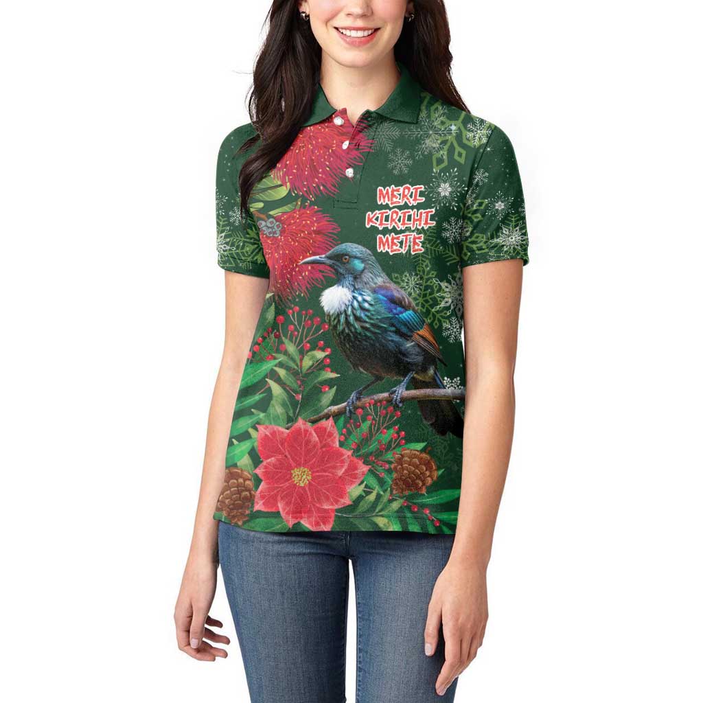 Tui Meri Kirihimete Personalised Women Polo Shirt Pohutukawa Flowers Green Motif - Polynesian Pride