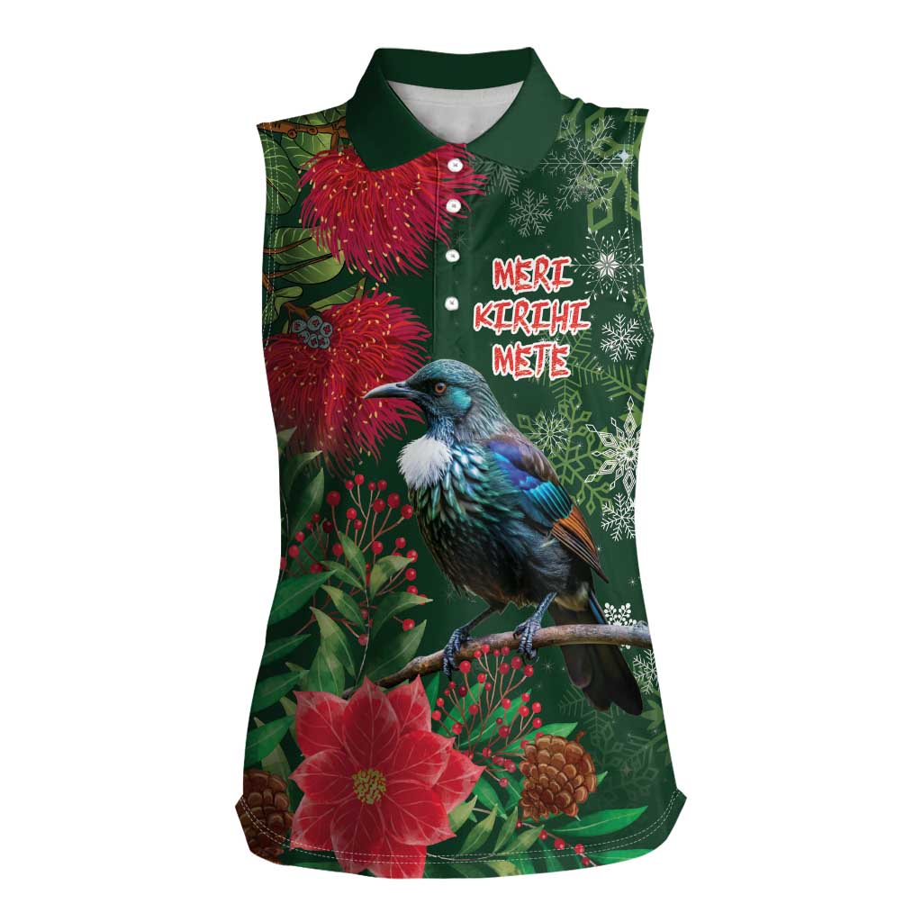 Tui Meri Kirihimete Personalised Women Sleeveless Polo Shirt Pohutukawa Flowers Green Motif LT9 Female Green - Polynesian Pride
