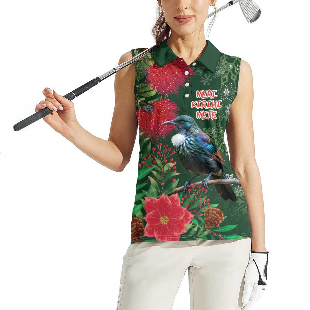 Tui Meri Kirihimete Personalised Women Sleeveless Polo Shirt Pohutukawa Flowers Green Motif LT9 - Polynesian Pride