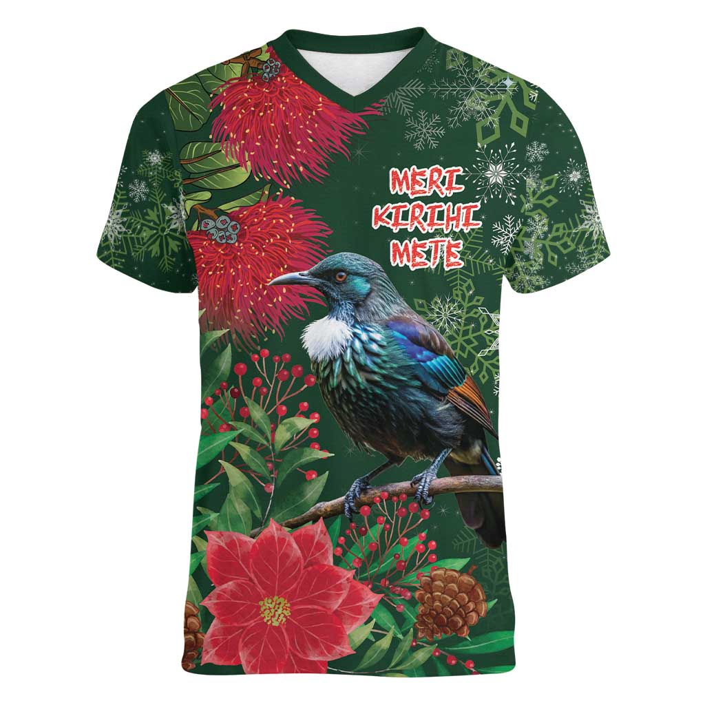 Tui Meri Kirihimete Personalised Women V-Neck T-Shirt Pohutukawa Flowers Green Motif LT9 Female Green - Polynesian Pride