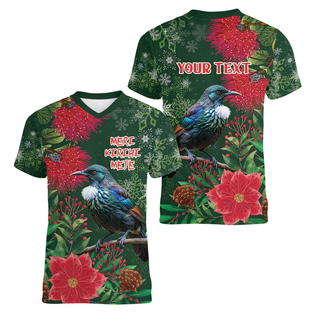 Tui Meri Kirihimete Personalised Women V-Neck T-Shirt Pohutukawa Flowers Green Motif LT9 - Polynesian Pride