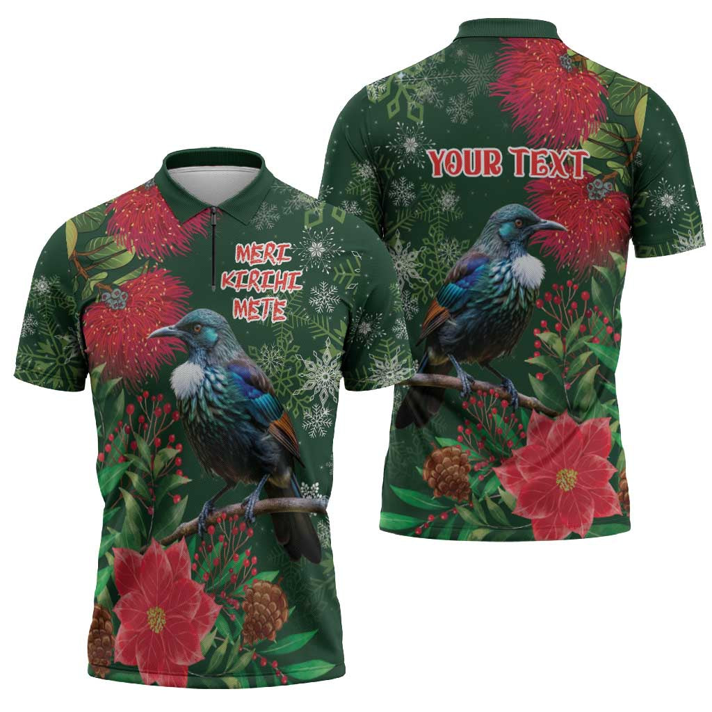 Tui Meri Kirihimete Personalised Zipper Polo Shirt Pohutukawa Flowers Green Motif LT9 - Polynesian Pride