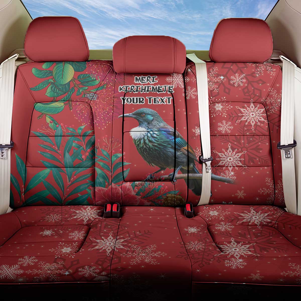Tui Meri Kirihimete Personalised Back Car Seat Cover Pohutukawa Flowers Red Motif LT9 One Size Red - Polynesian Pride