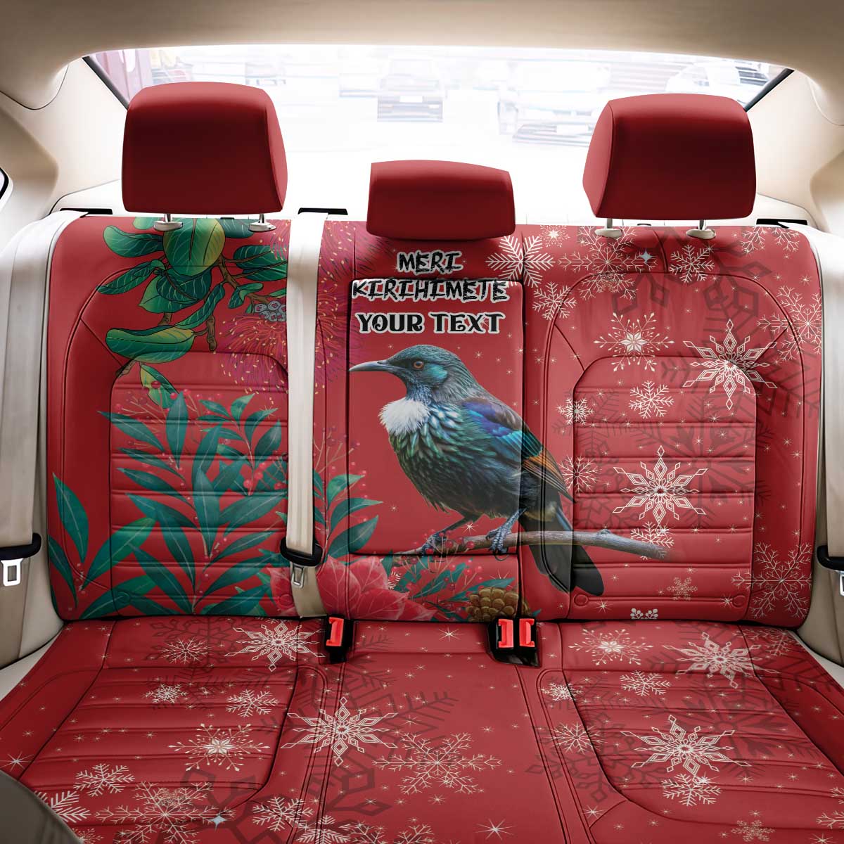 Tui Meri Kirihimete Personalised Back Car Seat Cover Pohutukawa Flowers Red Motif LT9 - Polynesian Pride
