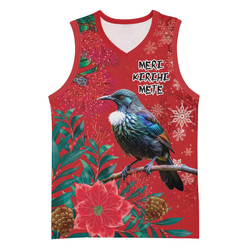 Tui Meri Kirihimete Personalised Basketball Jersey Pohutukawa Flowers Red Motif LT9 Unisex Red - Polynesian Pride