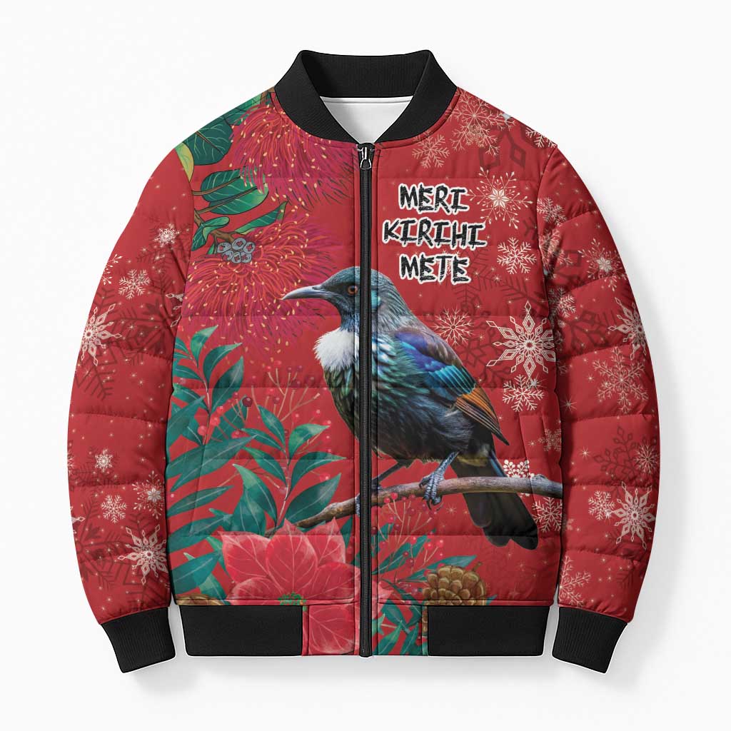 Tui Meri Kirihimete Personalised Bomber Puffer Jacket Pohutukawa Flowers Red Motif LT9 Unisex Red - Polynesian Pride