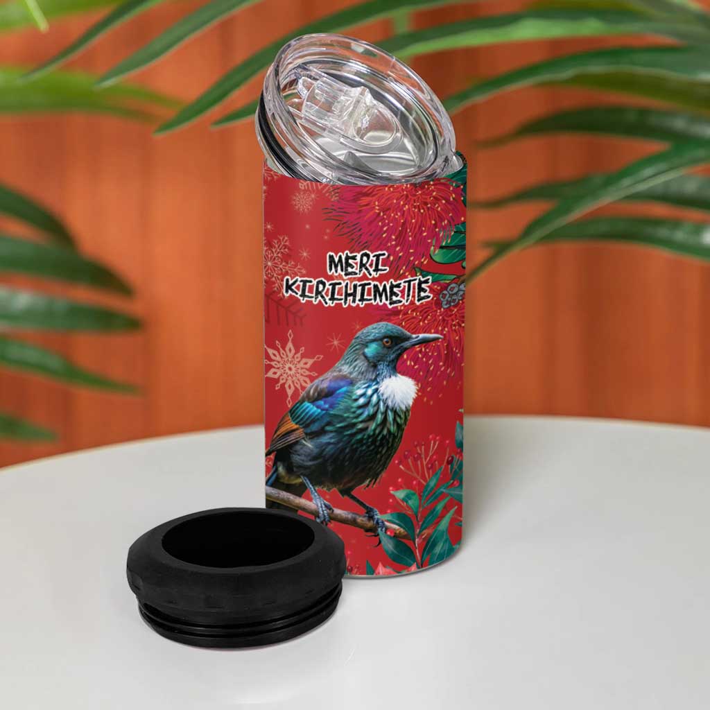 Tui Meri Kirihimete Personalised 4 in 1 Can Cooler Tumbler Pohutukawa Flowers Red Motif LT9 - Polynesian Pride