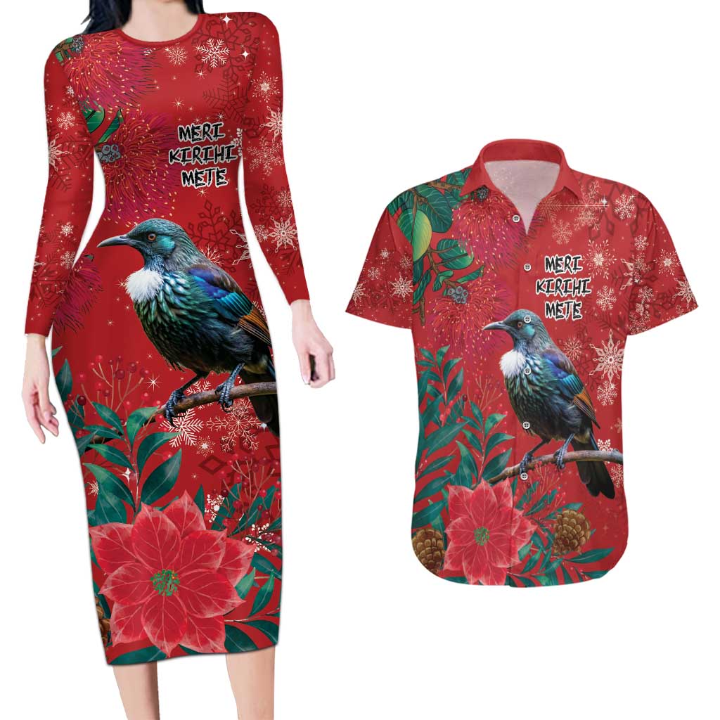 Tui Meri Kirihimete Personalised Couples Matching Long Sleeve Bodycon Dress and Hawaiian Shirt Pohutukawa Flowers Red Motif LT9 Red - Polynesian Pride