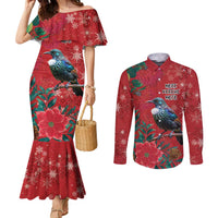 Tui Meri Kirihimete Personalised Couples Matching Mermaid Dress and Long Sleeve Button Shirt Pohutukawa Flowers Red Motif LT9 Red - Polynesian Pride