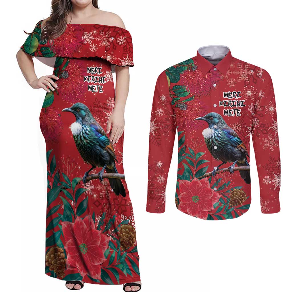 Tui Meri Kirihimete Personalised Couples Matching Off Shoulder Maxi Dress and Long Sleeve Button Shirt Pohutukawa Flowers Red Motif LT9 Red - Polynesian Pride