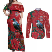 Tui Meri Kirihimete Personalised Couples Matching Off Shoulder Maxi Dress and Long Sleeve Button Shirt Pohutukawa Flowers Red Motif LT9 Red - Polynesian Pride