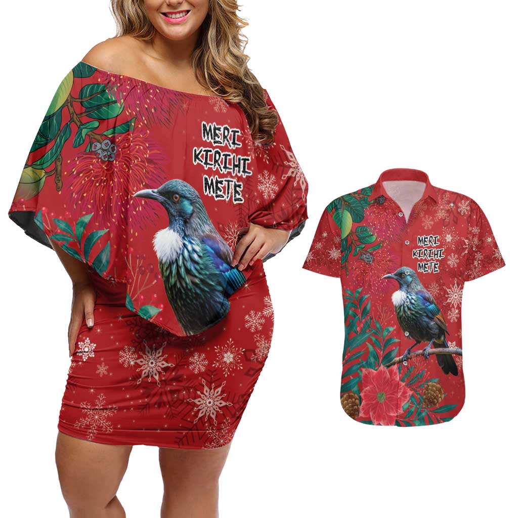 Tui Meri Kirihimete Personalised Couples Matching Off Shoulder Short Dress and Hawaiian Shirt Pohutukawa Flowers Red Motif LT9 Red - Polynesian Pride