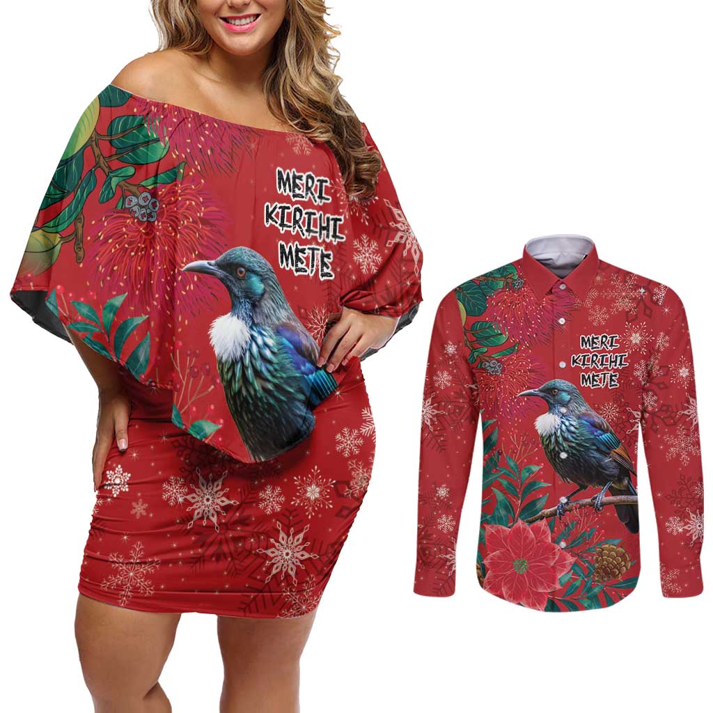 Tui Meri Kirihimete Personalised Couples Matching Off Shoulder Short Dress and Long Sleeve Button Shirt Pohutukawa Flowers Red Motif LT9 Red - Polynesian Pride