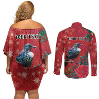 Tui Meri Kirihimete Personalised Couples Matching Off Shoulder Short Dress and Long Sleeve Button Shirt Pohutukawa Flowers Red Motif LT9 - Polynesian Pride
